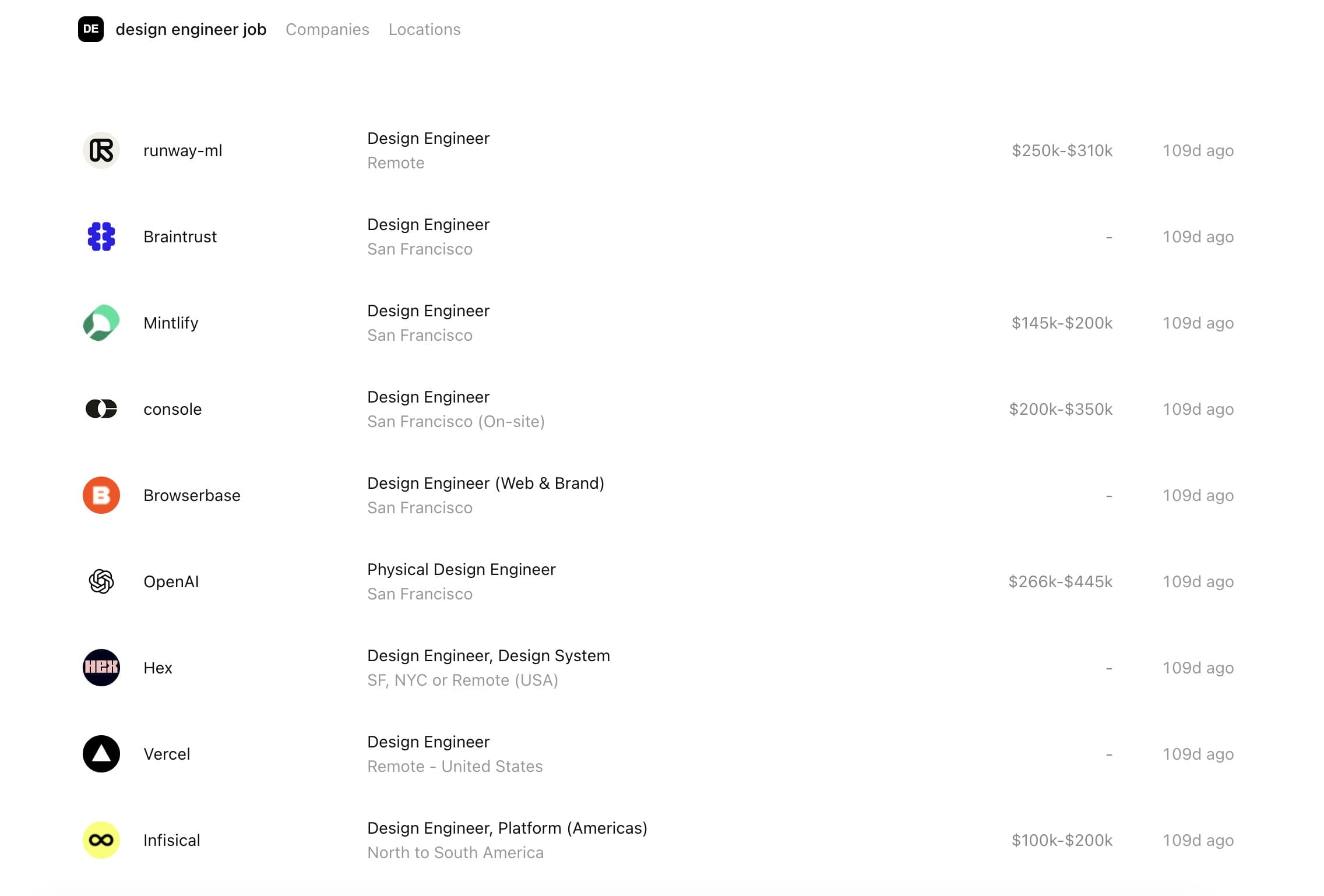 Screenshot of the designengineerjob.com board: a list of design engineer openings at Runway, Mintlify, Console, OpenAI, Hex and Vercel with salary ranges