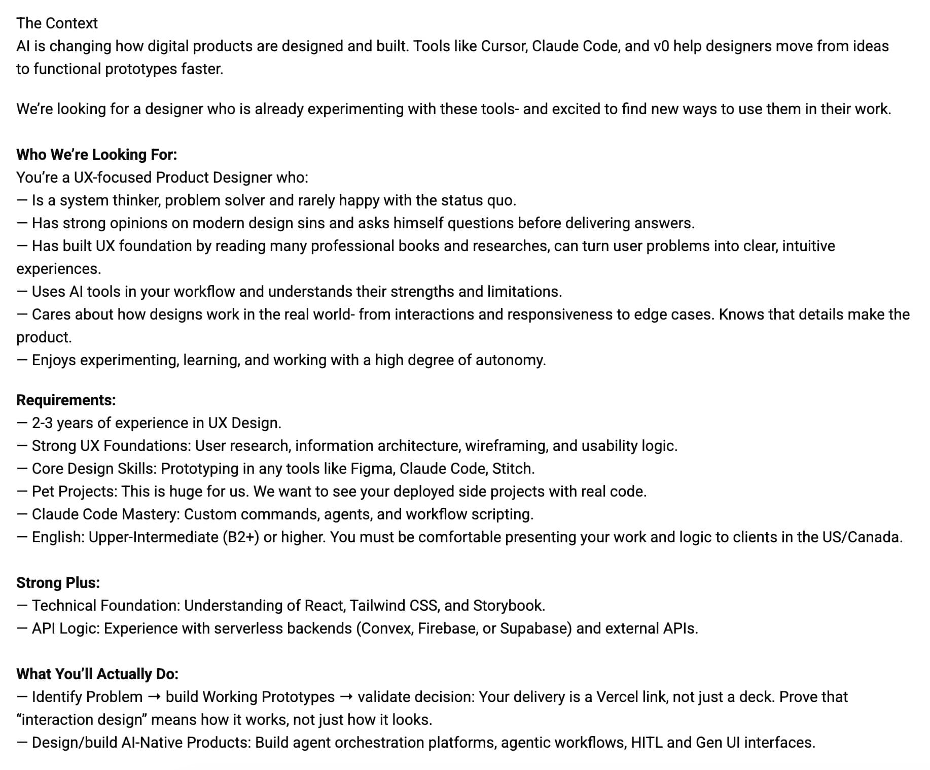 Screenshot of the Cieden UX Designer (AI-Native / Design Engineer) vacancy on DOU: requirements Pet Projects with real code, Claude Code Mastery, Prototyping in Figma, Claude Code, Stitch