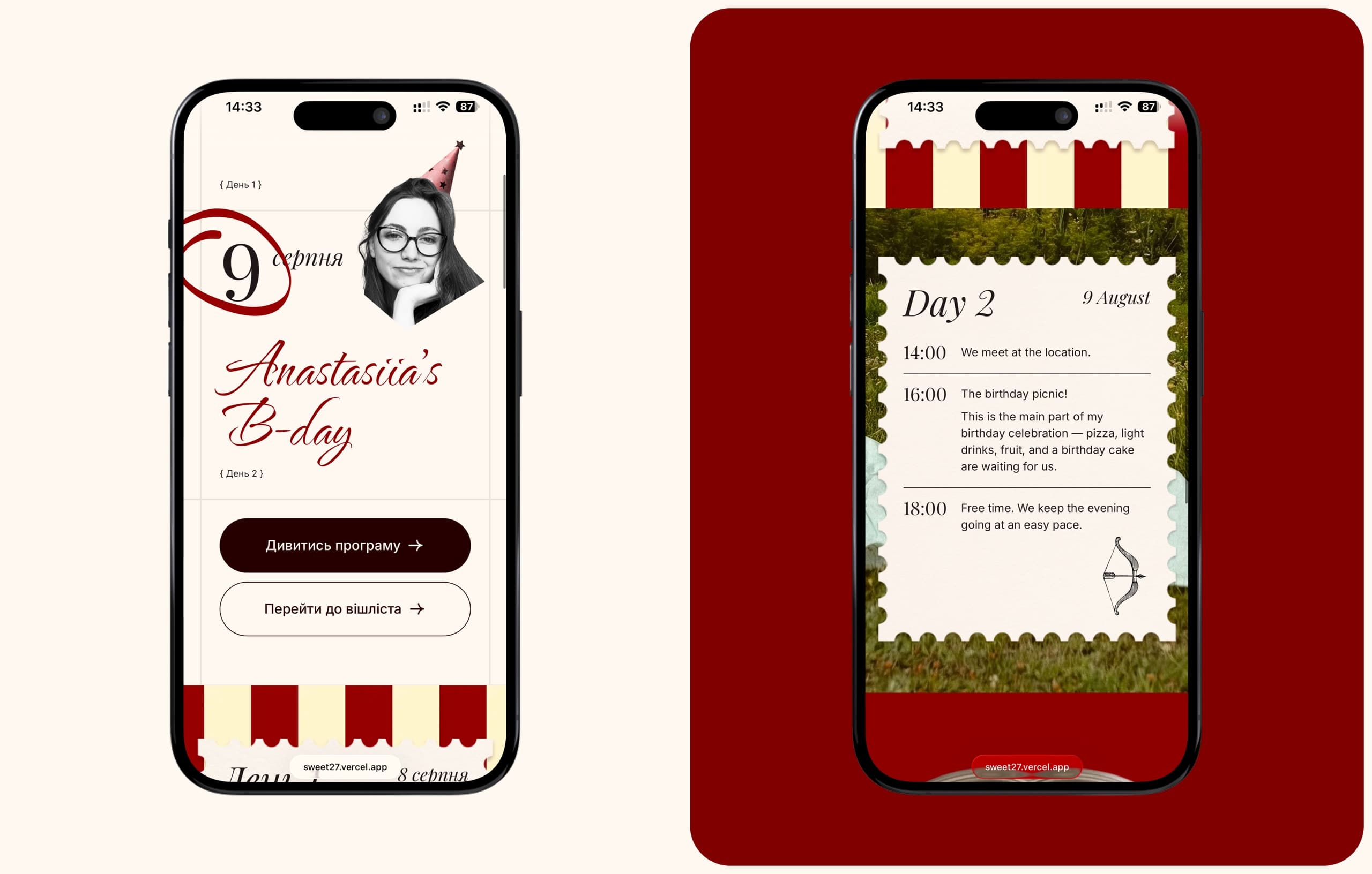Two phone screens from the site: the home screen with the two celebration dates and the Anastasiia's B-day wordmark, and the Day 2 agenda card with a timed schedule from 14:00 to 18:00