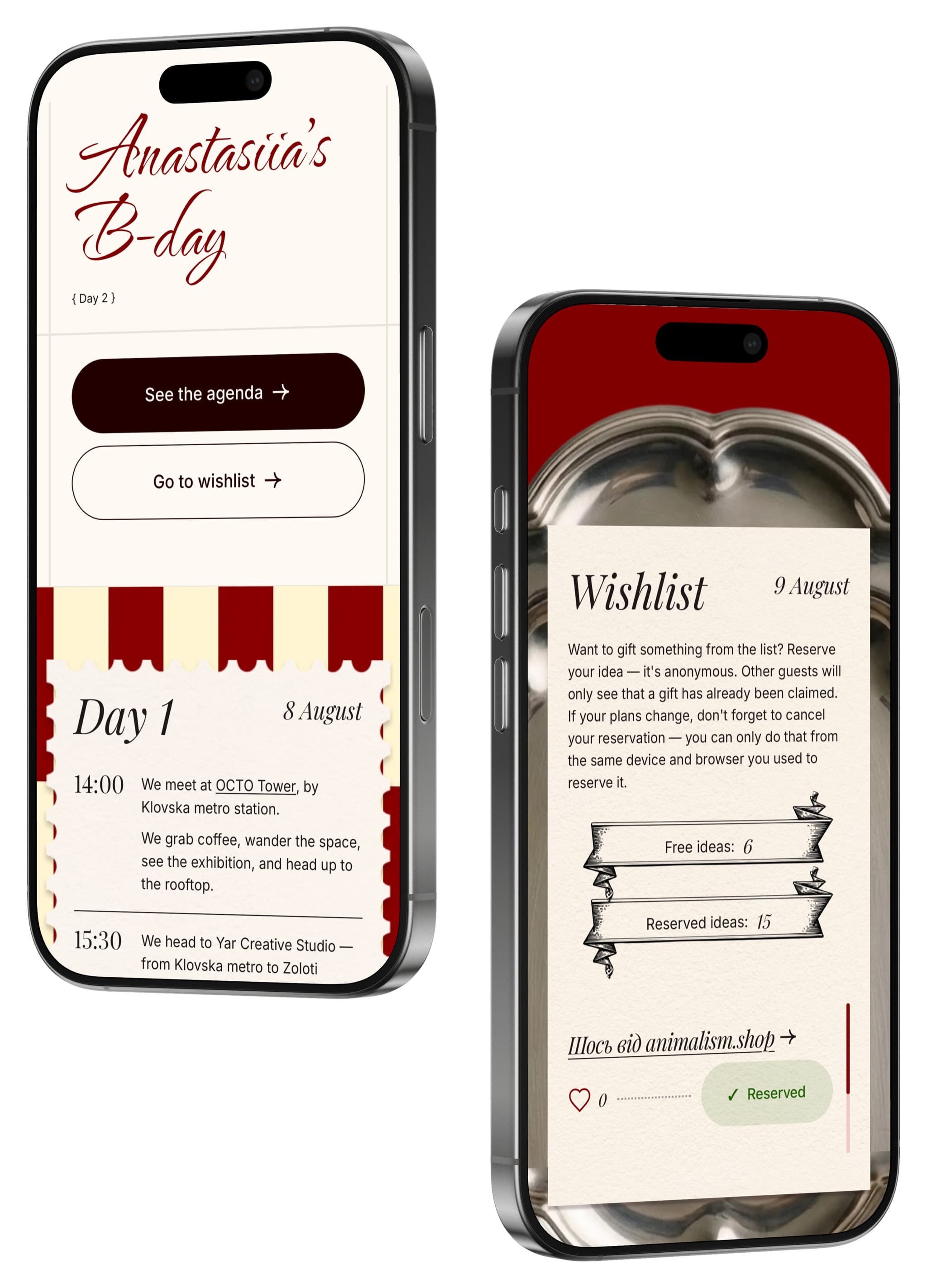 Two phone screens: the Day 1 agenda with its timed schedule, and the Wishlist screen explaining that a reservation is anonymous and can only be cancelled from the same device, with counters showing 6 free and 15 reserved ideas
