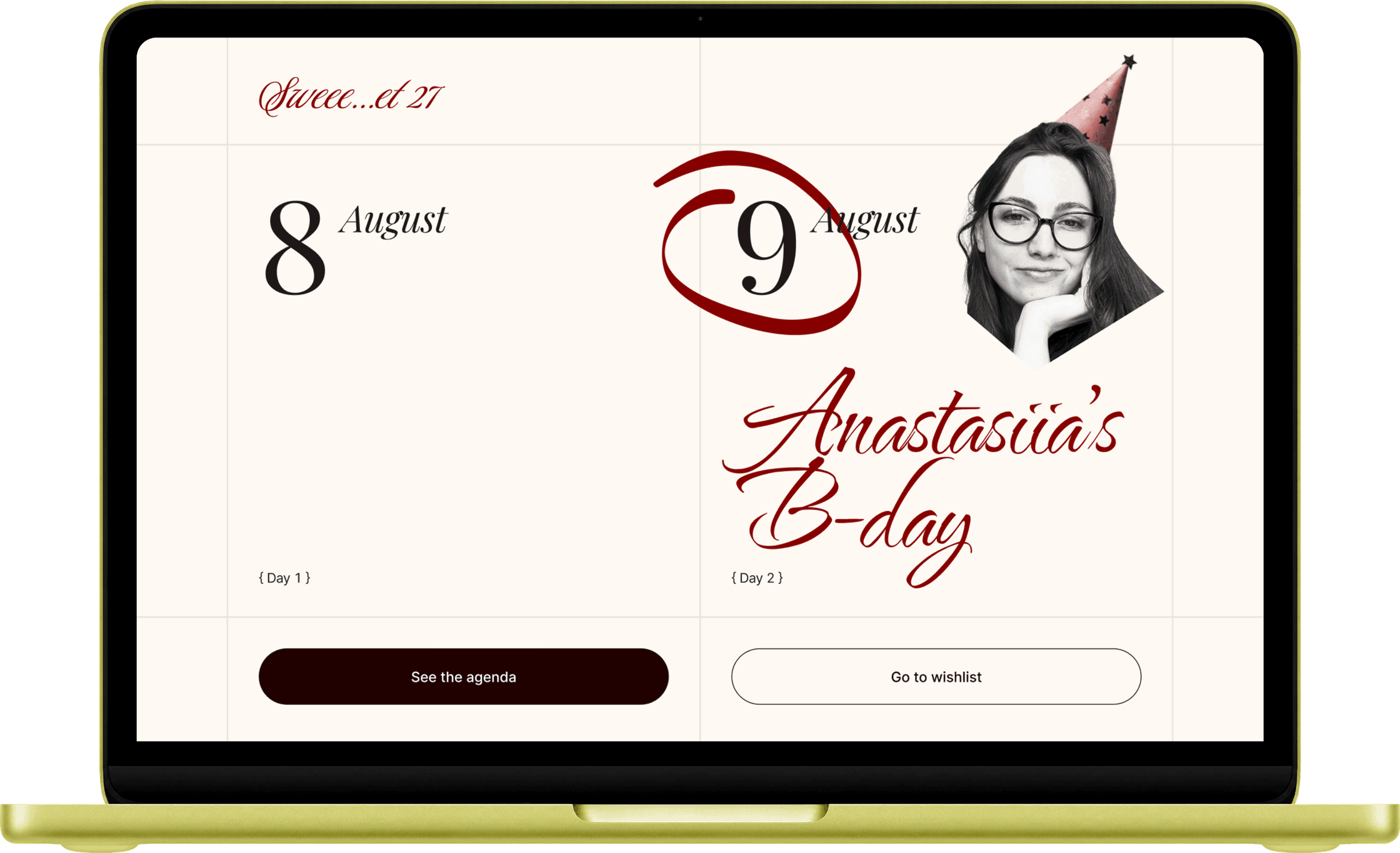 The Sweee...et 27 home screen on a MacBook: two celebration dates, a portrait in a party hat, the Anastasiia's B-day wordmark, and the See the agenda and Go to wishlist buttons