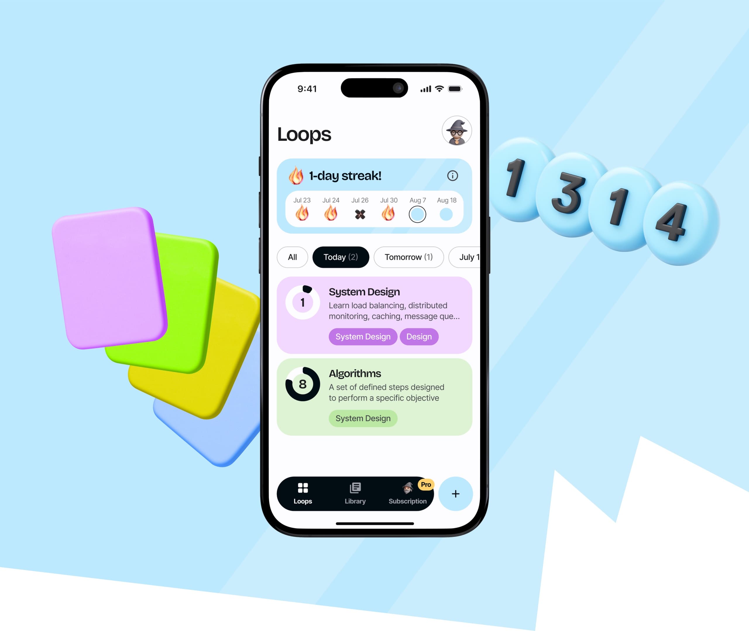 Napa main screen: the Loops header, a streak banner with repetition days, Today and Tomorrow filters, and the System Design and Algorithms cards