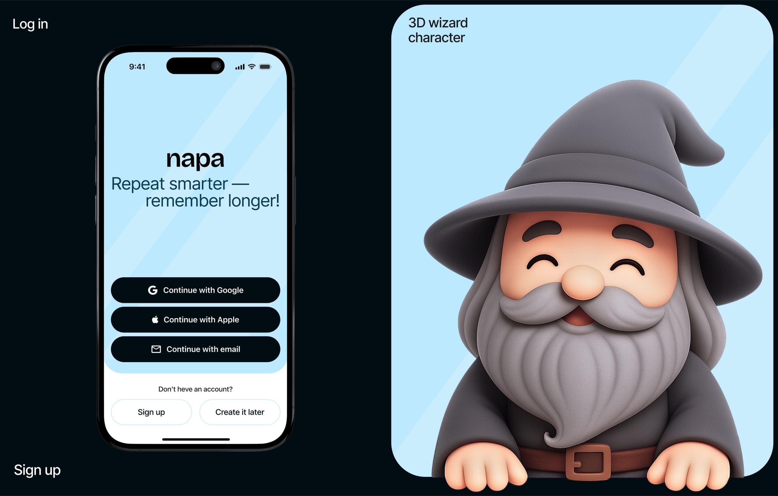 Napa sign-in screen with the tagline Repeat smarter — remember longer! and the 3D wizard character beside it