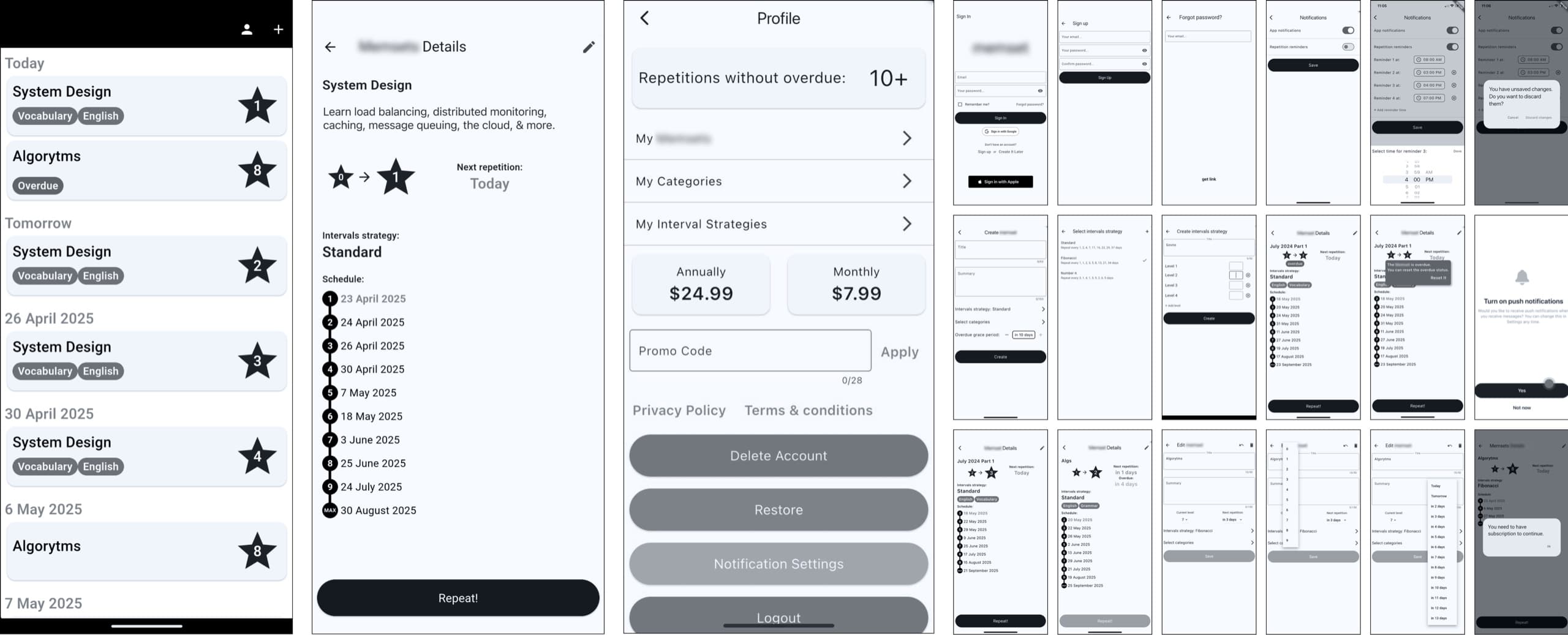 A set of black and white developer wireframes: repetition lists, an item detail, a profile screen and a grid of the remaining screens