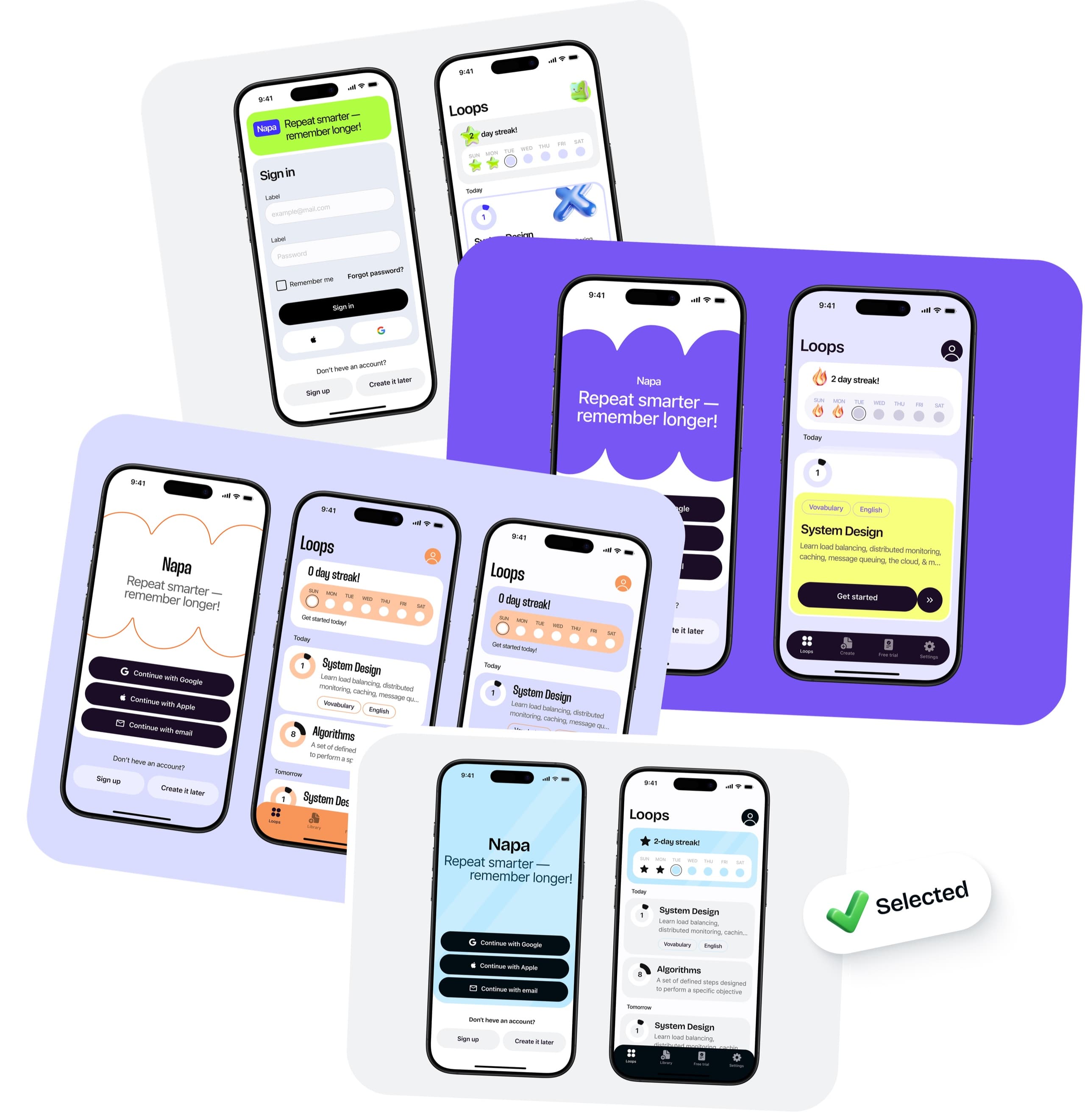 Four visual direction concepts — green, purple, orange and light blue — each shown on a sign-in screen and a main screen