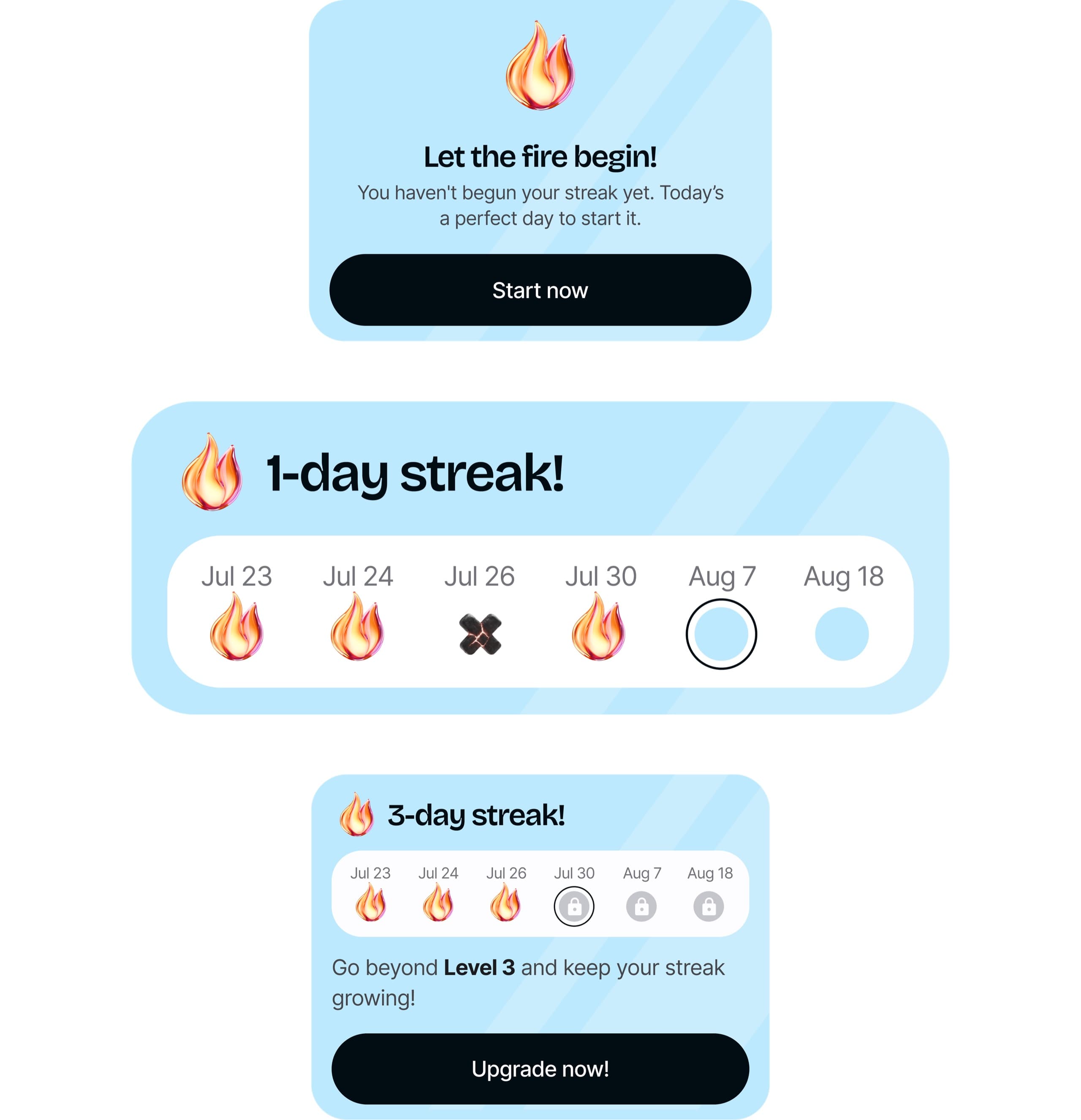 Three states of the streak widget: empty with an invitation to start, an active one-day streak, and a three-day streak with locked days and an upsell
