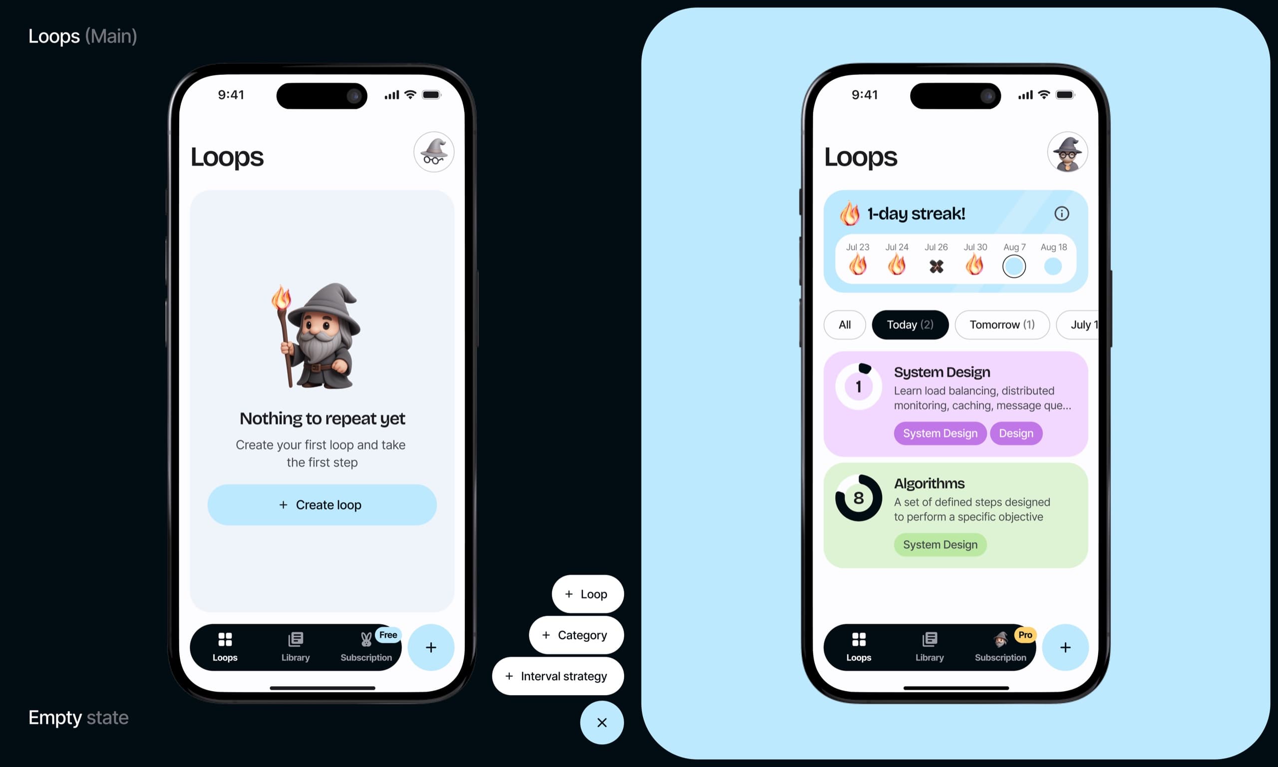 The main screen in two states: empty for an unregistered user, and filled with repetition cards, next to the create menu
