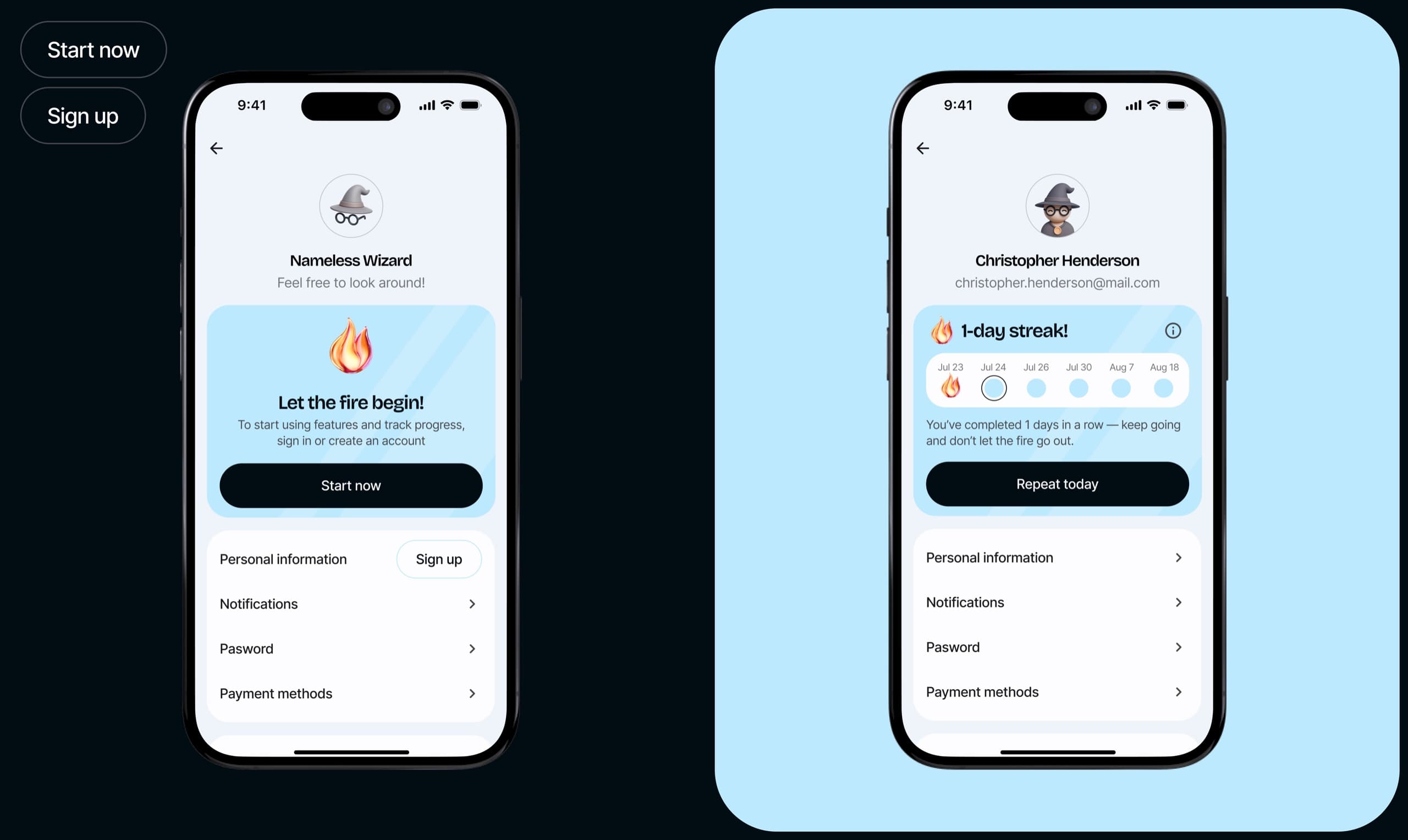 The profile in two states: an unregistered user with a faceless wizard, and a registered one with name, email and streak