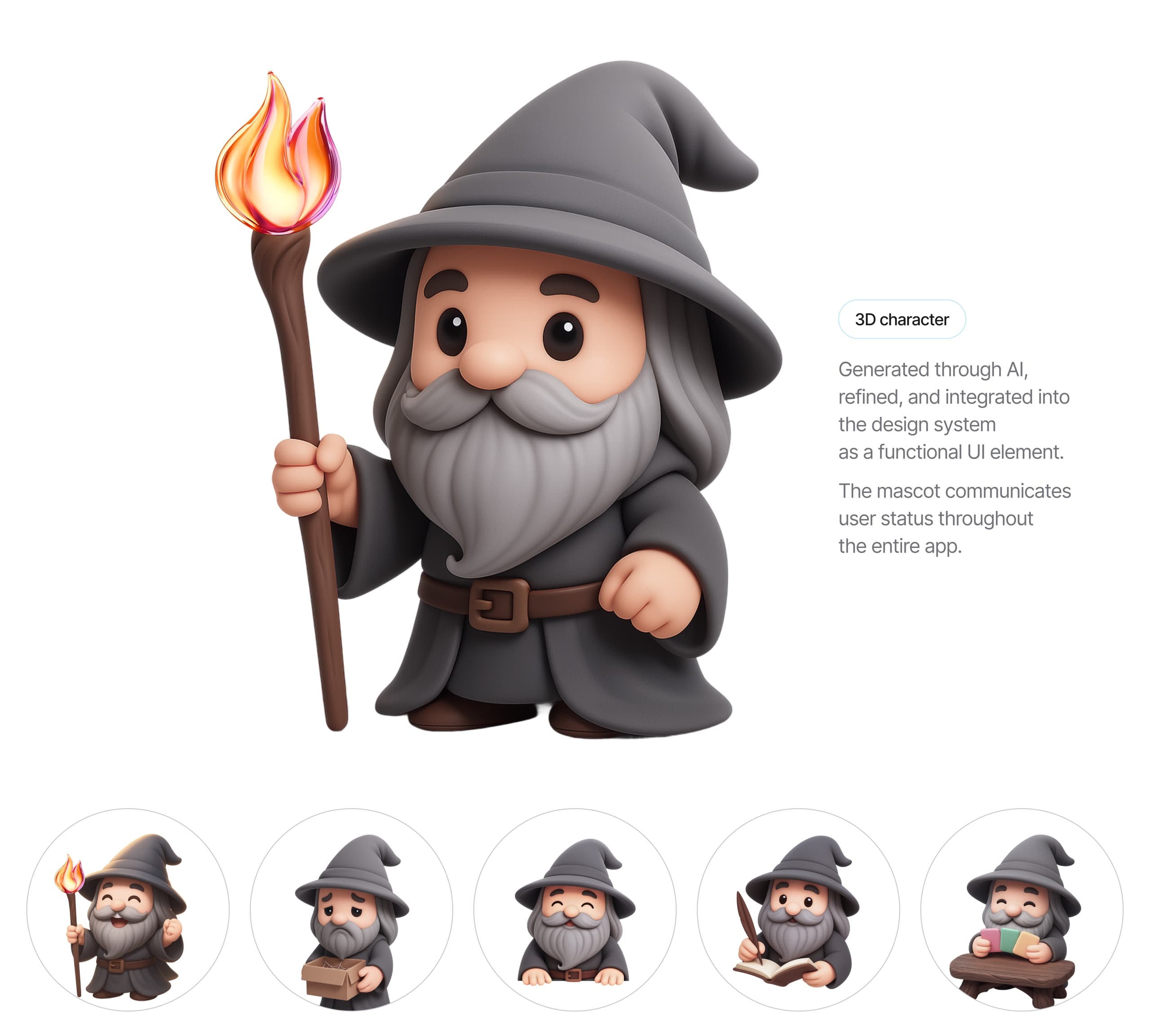 The full-body 3D wizard character and five of its states as round avatars